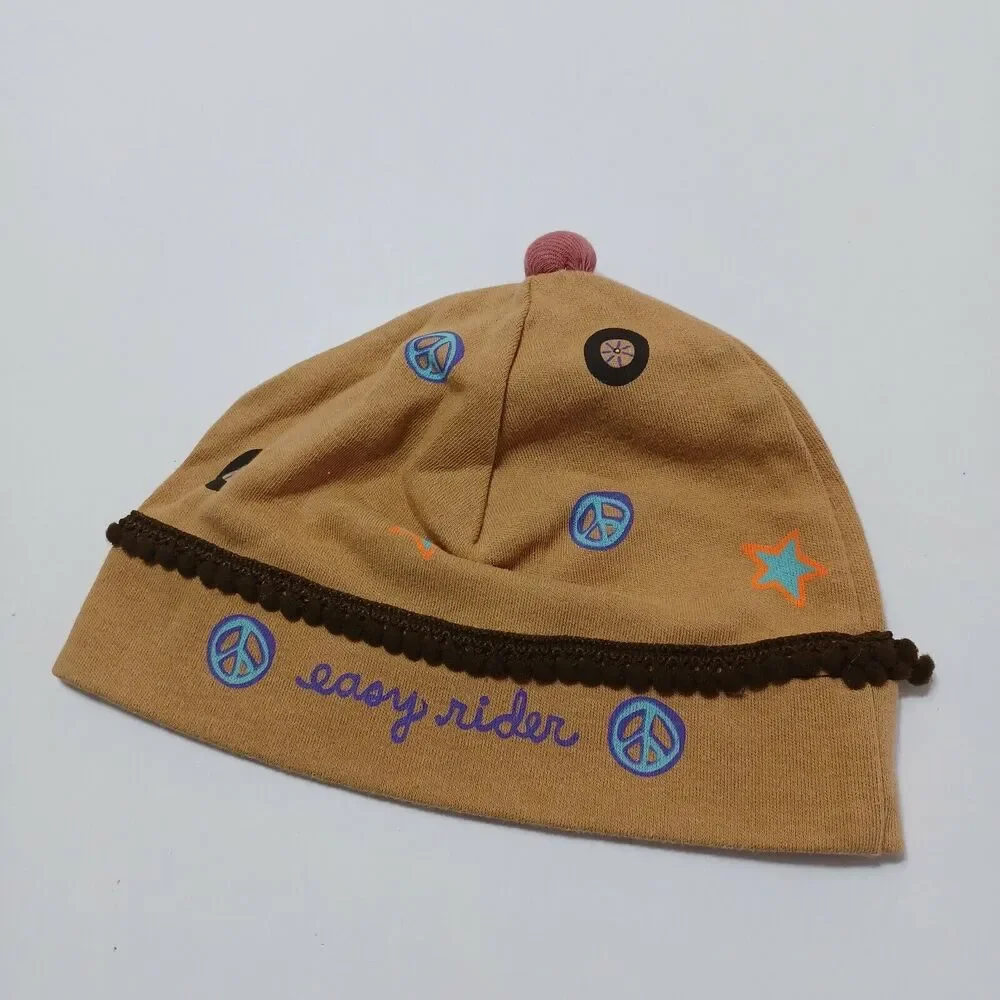 Natural Life Easy Rider Baby Girls Peace Star‎ 100% Cotton Brown Pink Beanie Hat
